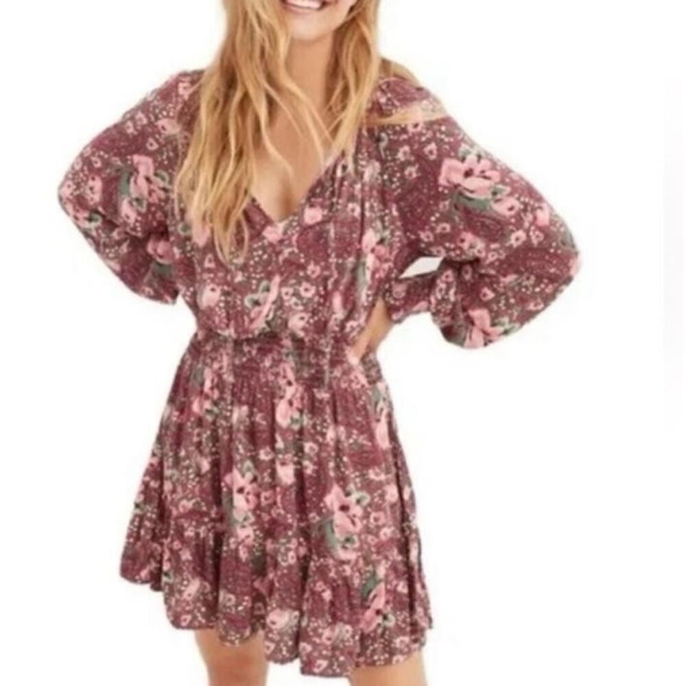 Aerie burgundy floral mini dress, gathered waist & cuffs, size L